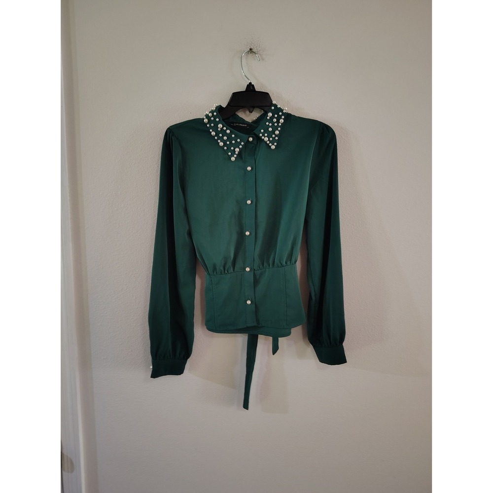 Lulumari Emerald Green Pearl Embellished Collar Tie Back Peplum Blouse Womens‎ M